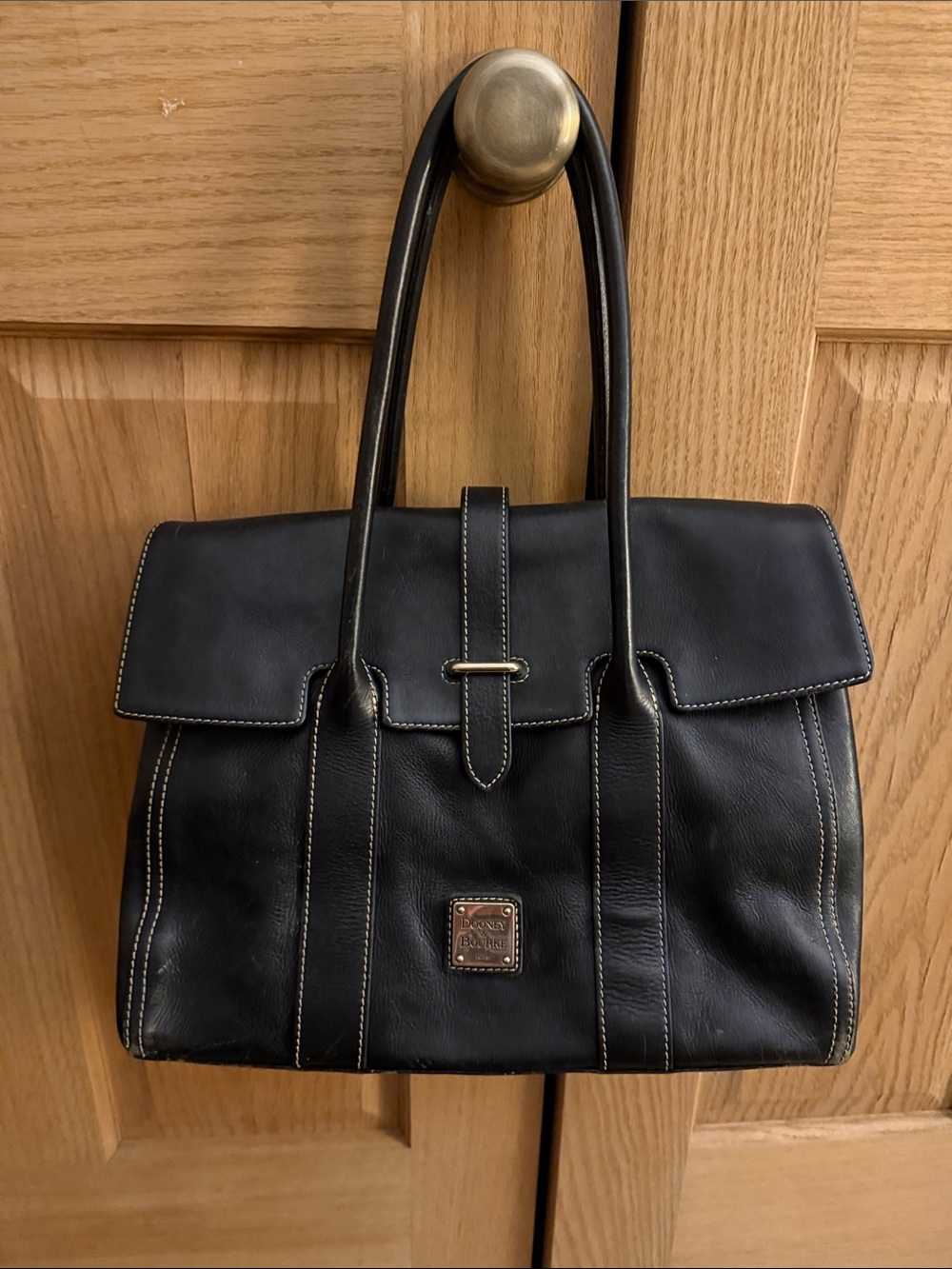 Dooney & Bourke Black Leather Satchel with Contrast Stitching